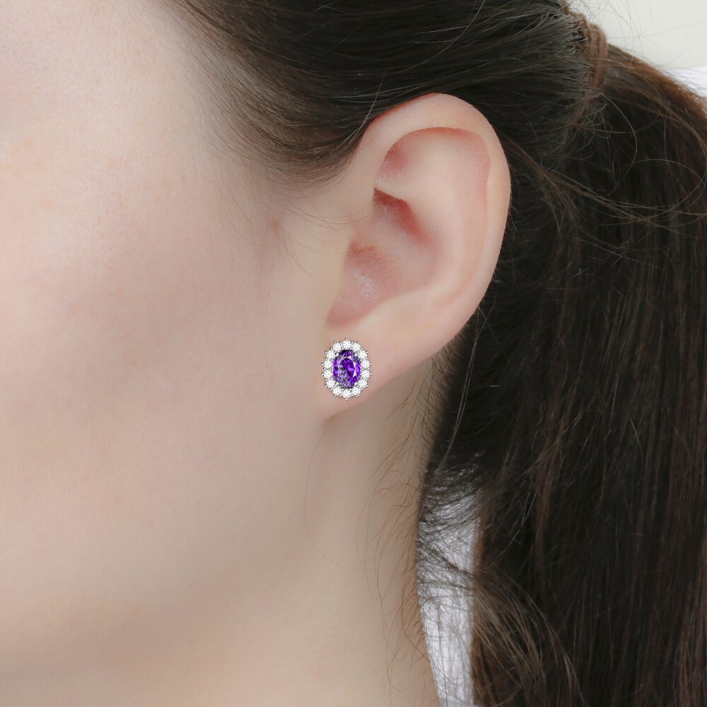 Eternity Oval Amethyst Platinum Plated Silver Stud Earrings Halo Jacket Set #6