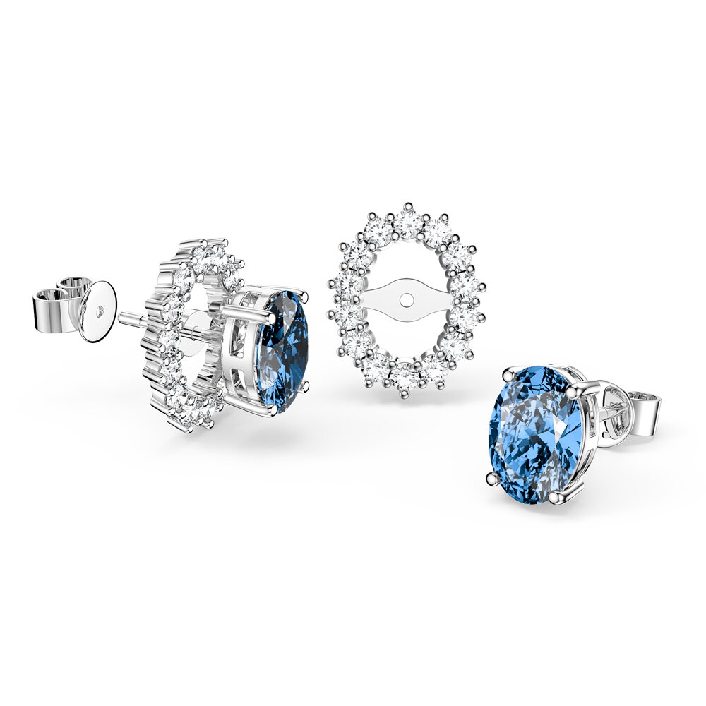 Eternity Oval Swiss Blue Topaz Platinum Plated Silver Stud Earrings Halo Jacket Set