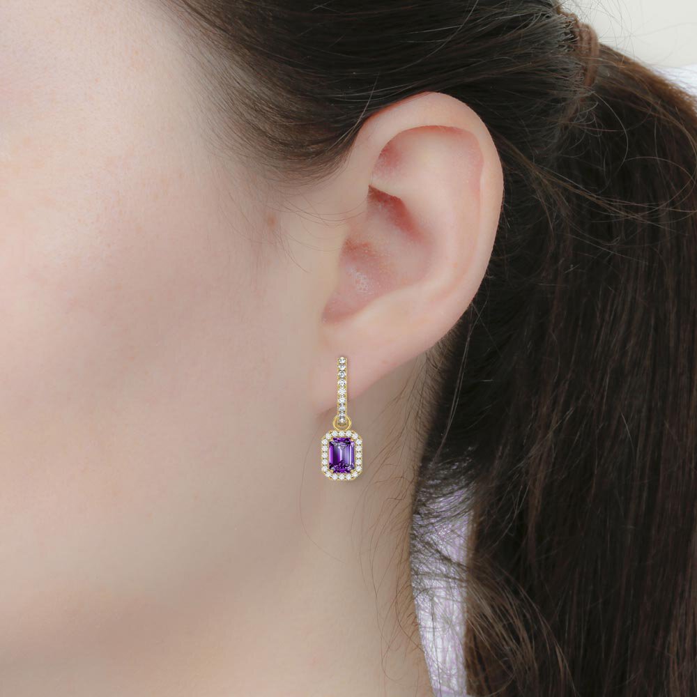 Princess 2ct Amethyst Emerald Cut Halo 18ct Gold Vermeil Interchangeable Earring Drops #6