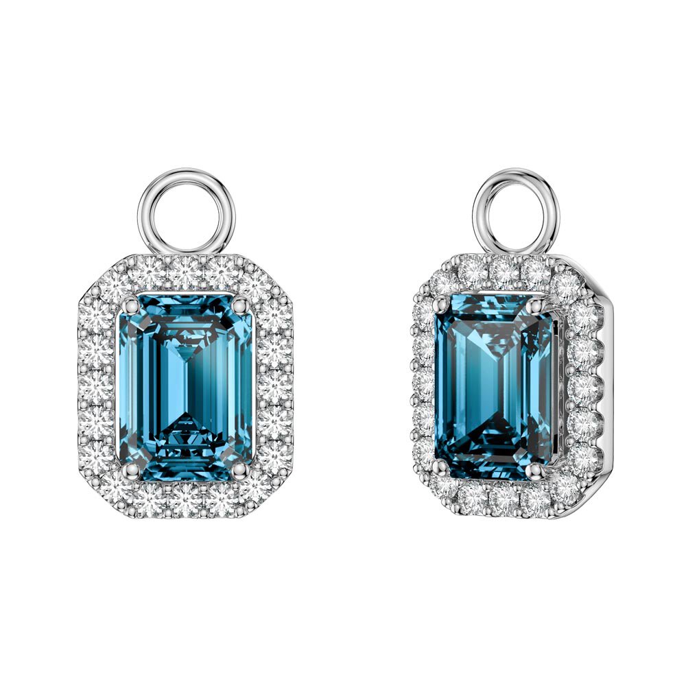 Princess 2ct Swiss Blue Topaz Emerald Cut Halo Platinum plated Silver Interchangeable Earring Drops