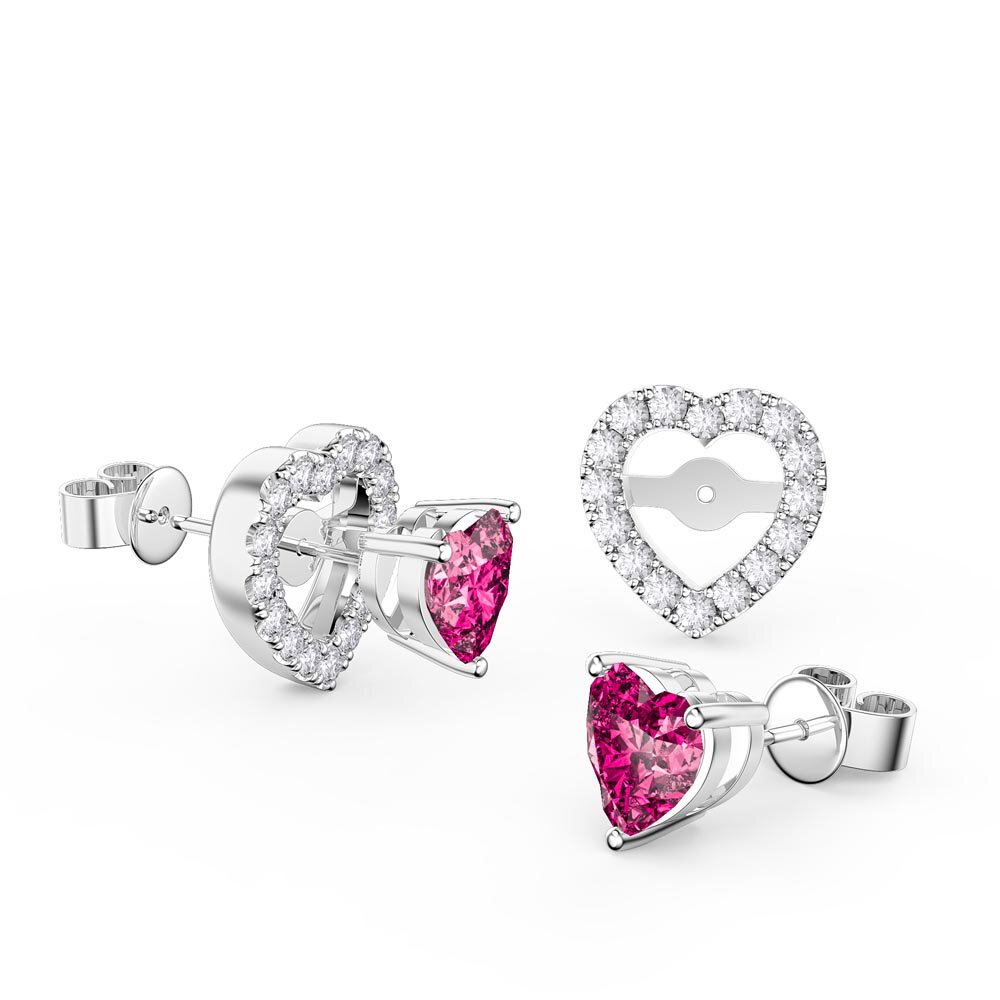Charisma Heart Pink Sapphire and White Sapphire Platinum Plated Silver Stud Earrings Halo Jacket Set
