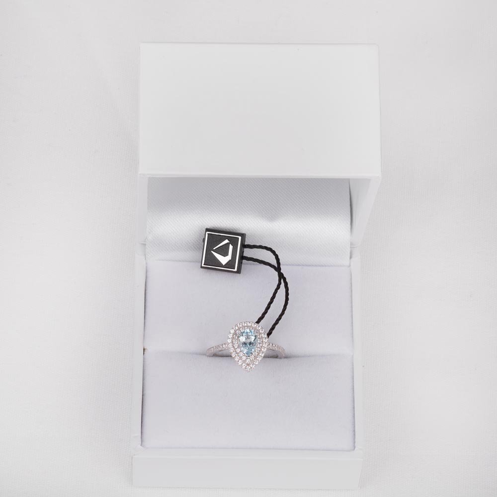 Fusion Aquamarine and Diamond Pear Halo Platinum Ring #3