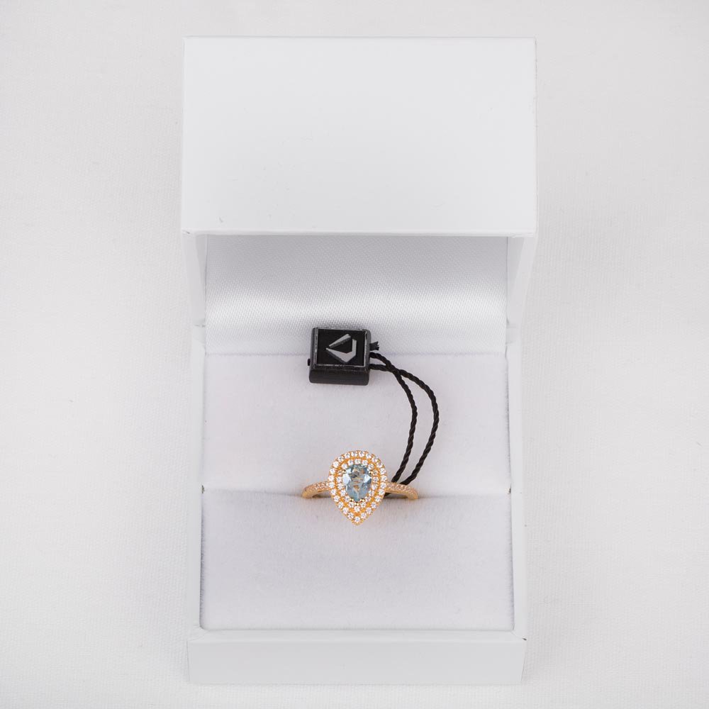 Fusion Aquamarine Pear Moissanite Halo 18ct Yellow Gold Engagement Ring #3