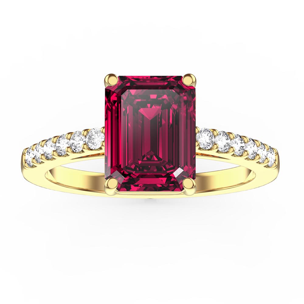 Princess 2ct Ruby Emerald Cut Lab Diamond Pave 18ct Yellow Gold Engagement ring