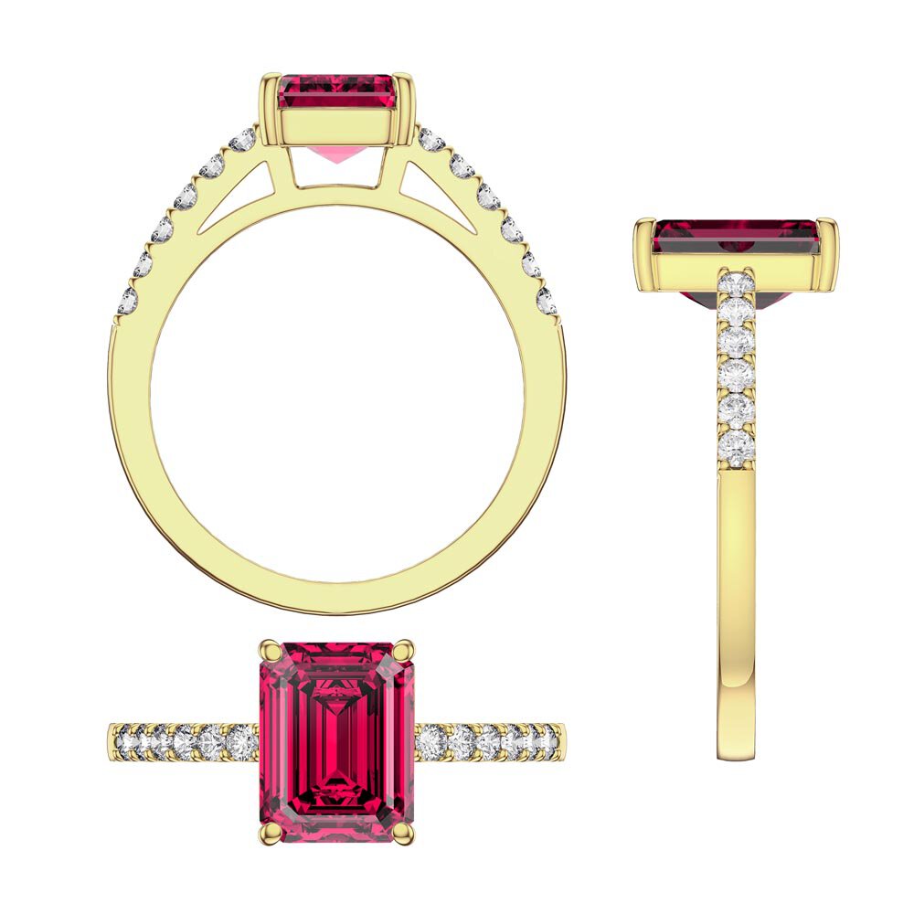 Princess 2ct Ruby Emerald Cut Lab Diamond Pave 18ct Yellow Gold Engagement ring #3
