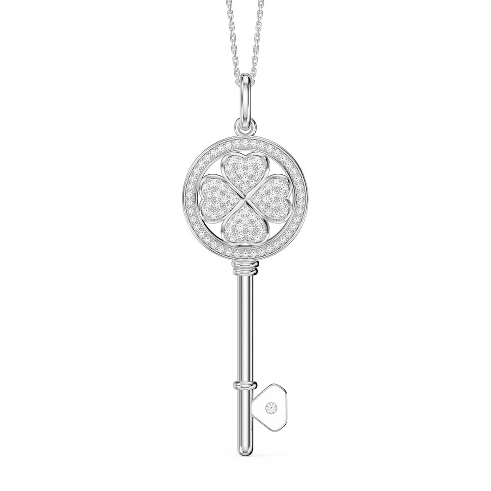 Moissanite Clover Platinum plated Silver Key Pendant