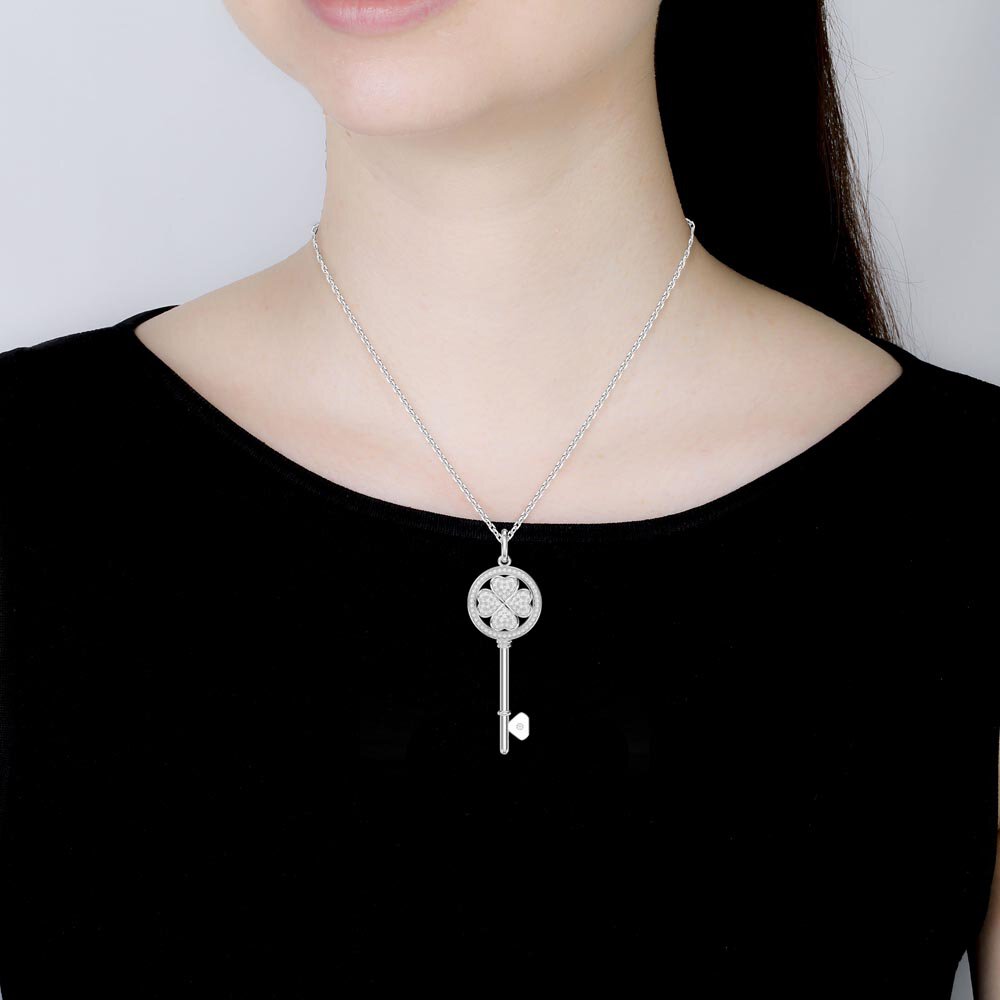Moissanite Clover Platinum plated Silver Key Pendant #2