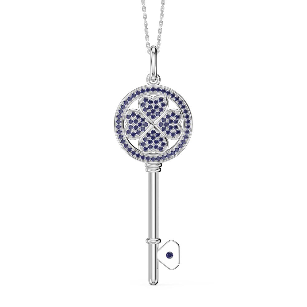 Sapphire Clover Platinum plated Silver Key Pendant