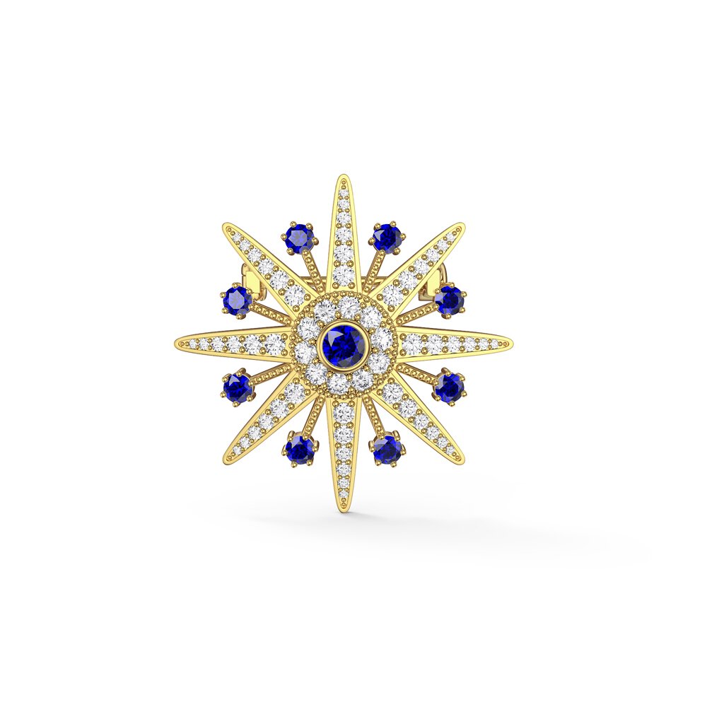 Starburst Sapphire and Lab Diamond 9ct Yellow Gold Brooch