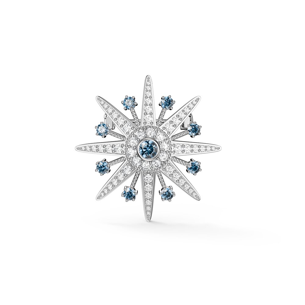 Starburst Aquamarine and Moissanite Platinum plated Silver Brooch