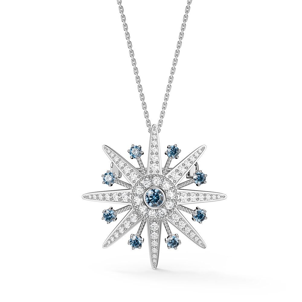 Starburst Aquamarine and Moissanite Platinum plated Silver Brooch #3