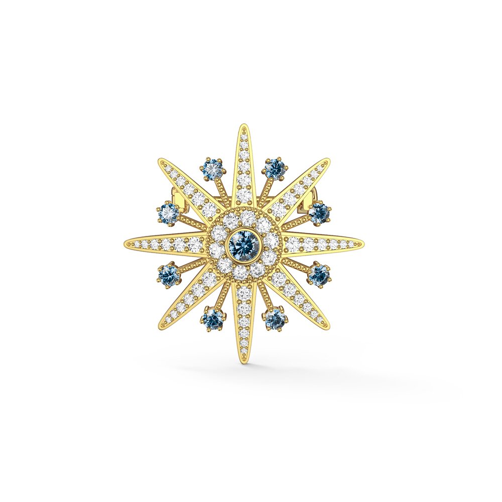 Starburst Aquamarine and Moissanite 9ct Yellow Gold Brooch