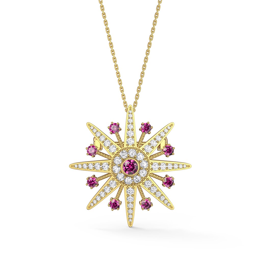 Starburst Pink Sapphire and Moissanite 18ct Gold Vermeil Brooch #3