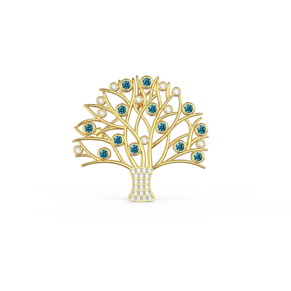 Tree of Life Blue Topaz and Lab Diamond 9ct Yellow Gold Brooch