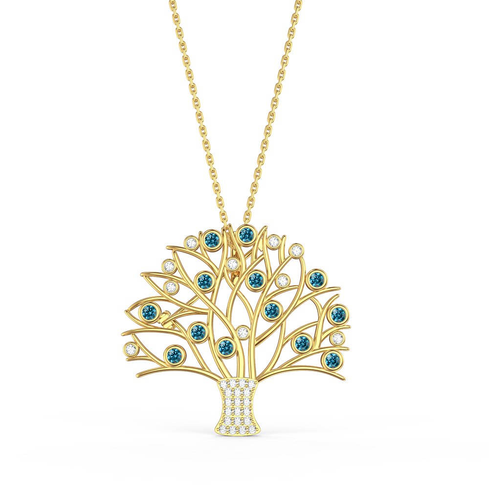 Tree of Life Blue Topaz and Lab Diamond 9ct Yellow Gold Brooch #3