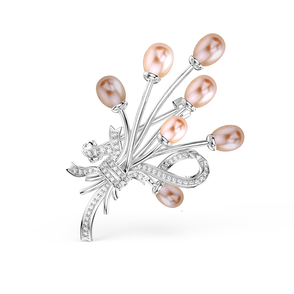 Peachy Pink Pearl Lab Diamond 9ct White Gold Brooch