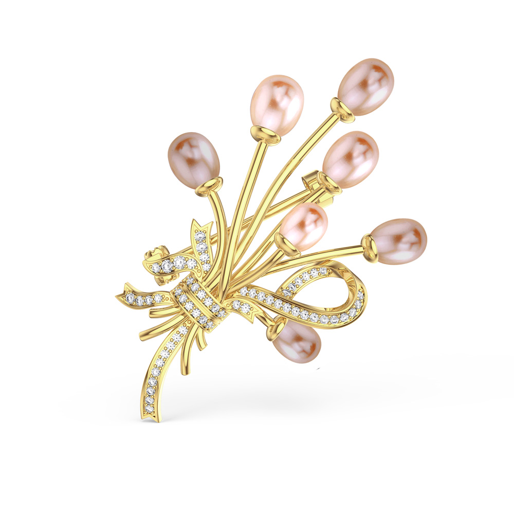 Peachy Pink Pearl Lab Diamond 9ct Yellow Gold Brooch