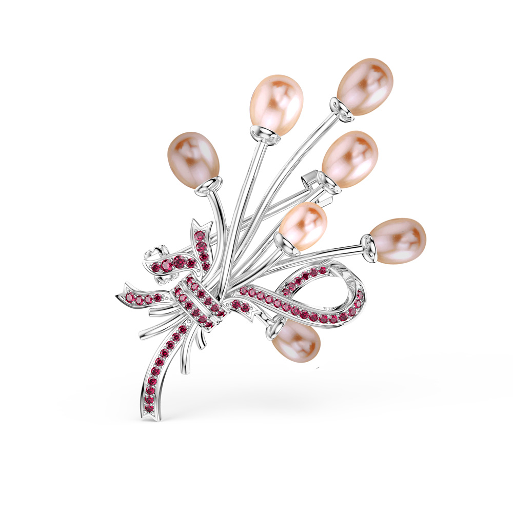 Peachy Pink Pearl and Ruby 9ct White Gold Brooch