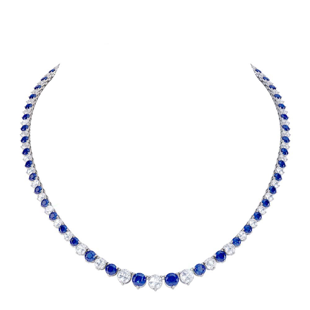 Eternity Sapphire CZ Rhodium plated Silver Tennis Necklace