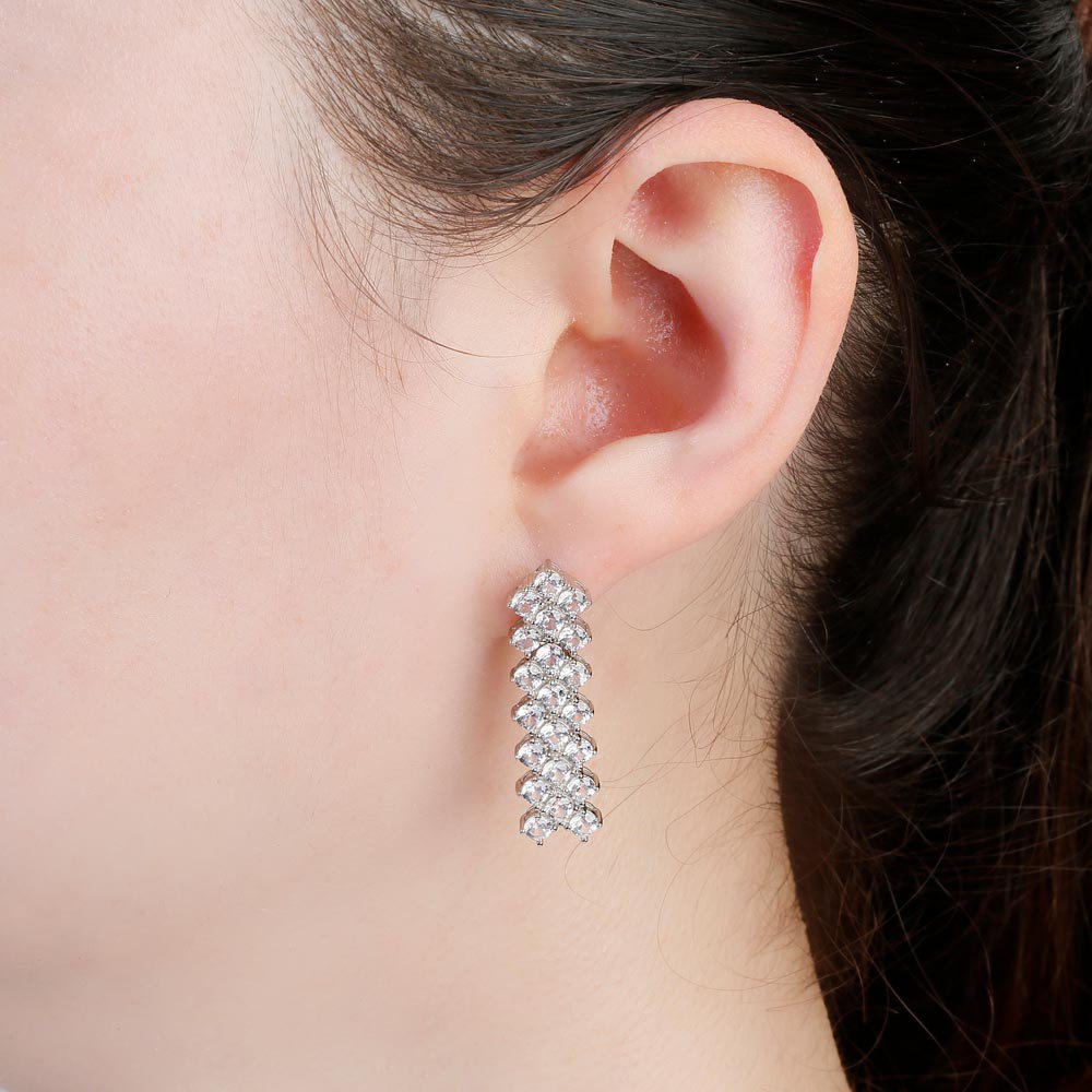 Eternity Three Row Diamond CZ Rhodium plated Silver Drop Earrings #2