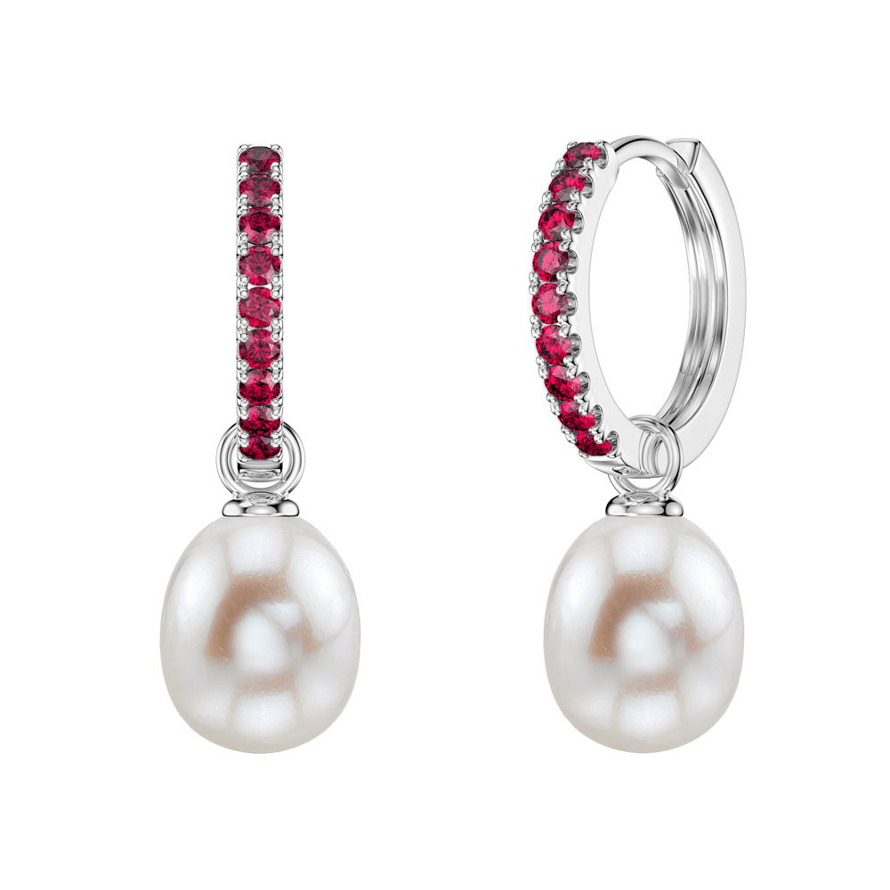 Venus Ruby Hoop Pearl Drop Platinum plated Silver Earring Set