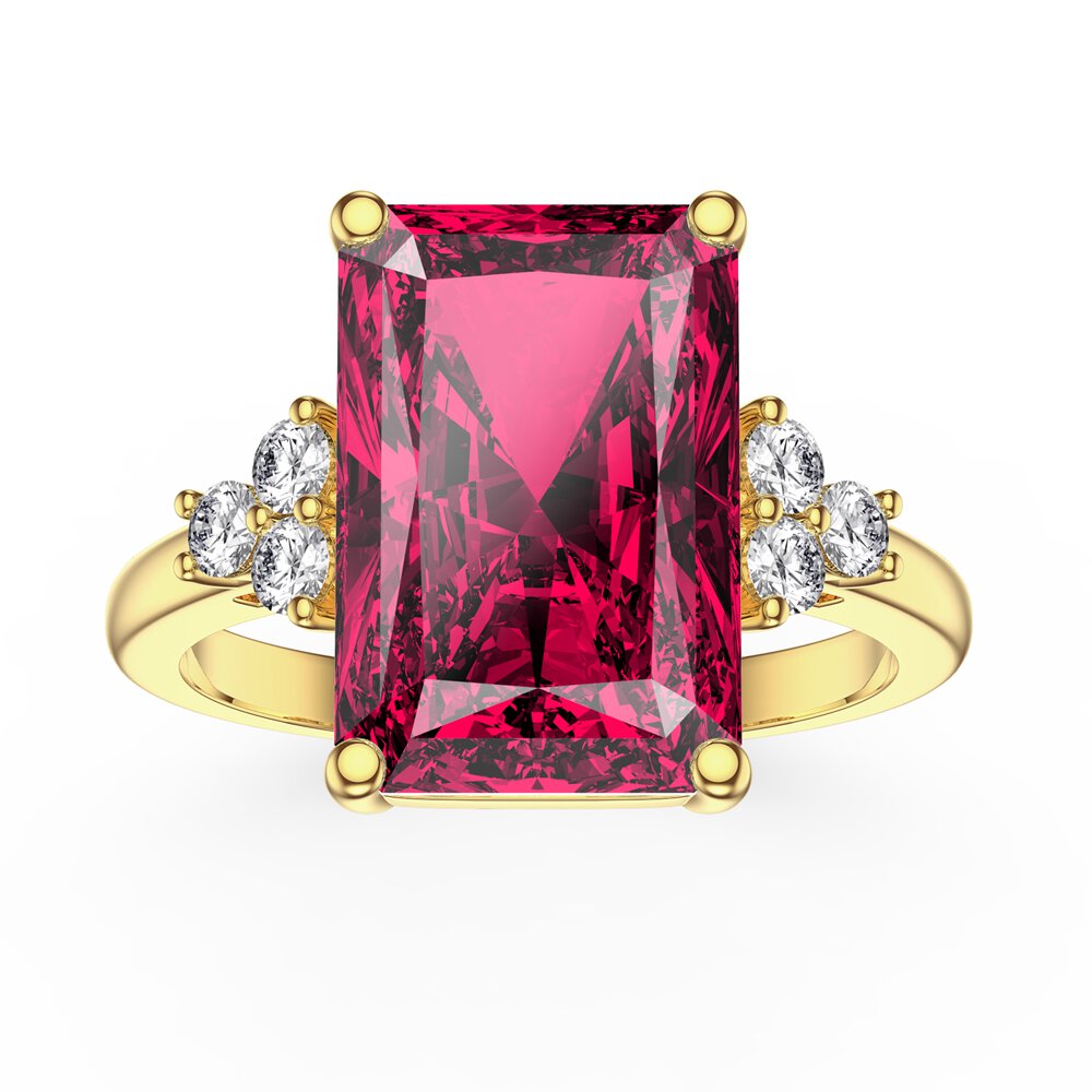 Radiant 5ct Ruby and Lab Diamond 18ct Yellow Gold Engagement Ring