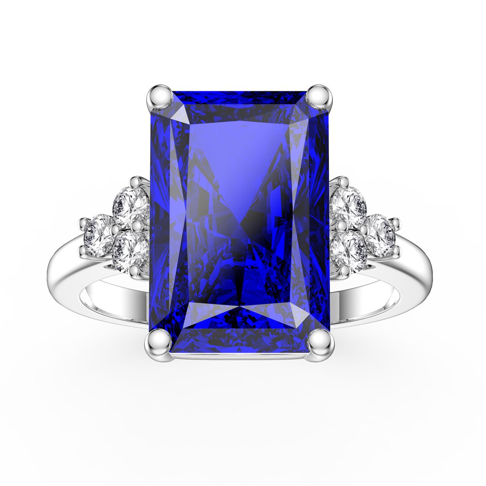 Radiant 5ct Sapphire and Moissanite Platinum plated Silver Proposal Ring