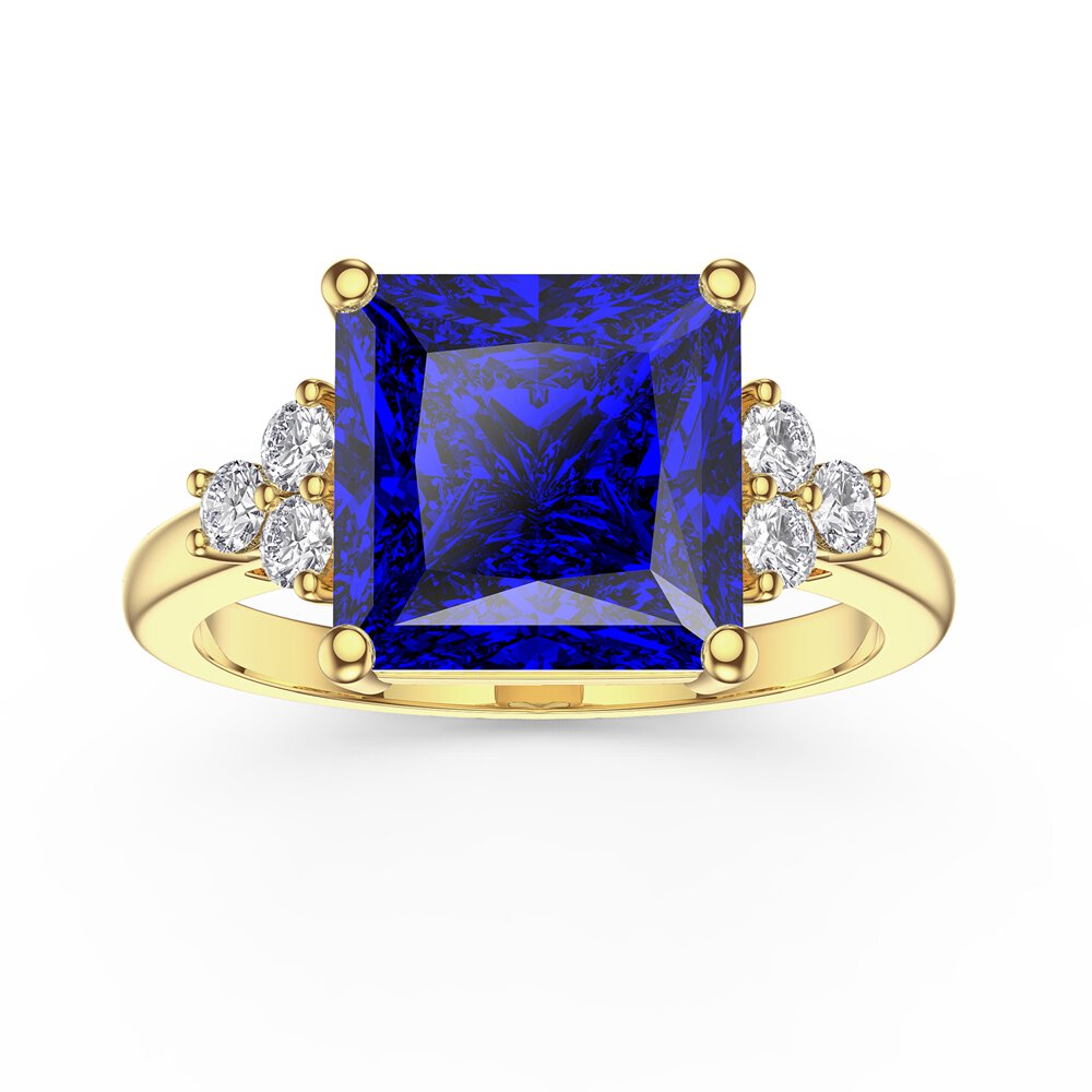 Radiant 4ct Princess Sapphire and Lab Diamond 18ct Yellow Gold Engagement Ring