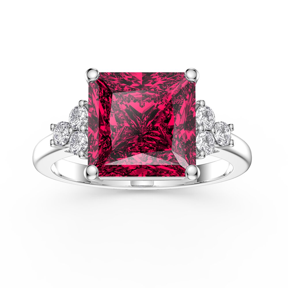 Radiant 4ct Princess Ruby and Lab Diamond Platinum Engagement Ring