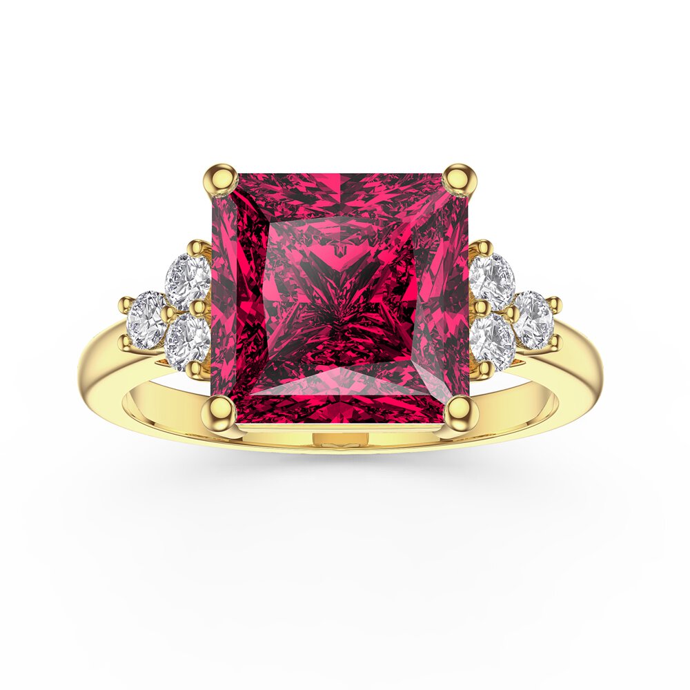 Radiant 4ct Princess Ruby and Lab Diamond 18ct Yellow Gold Engagement Ring