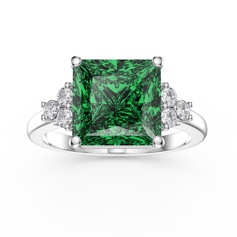 Radiant 4ct Princess Emerald and Lab Diamond 18ct White Gold Engagement Ring