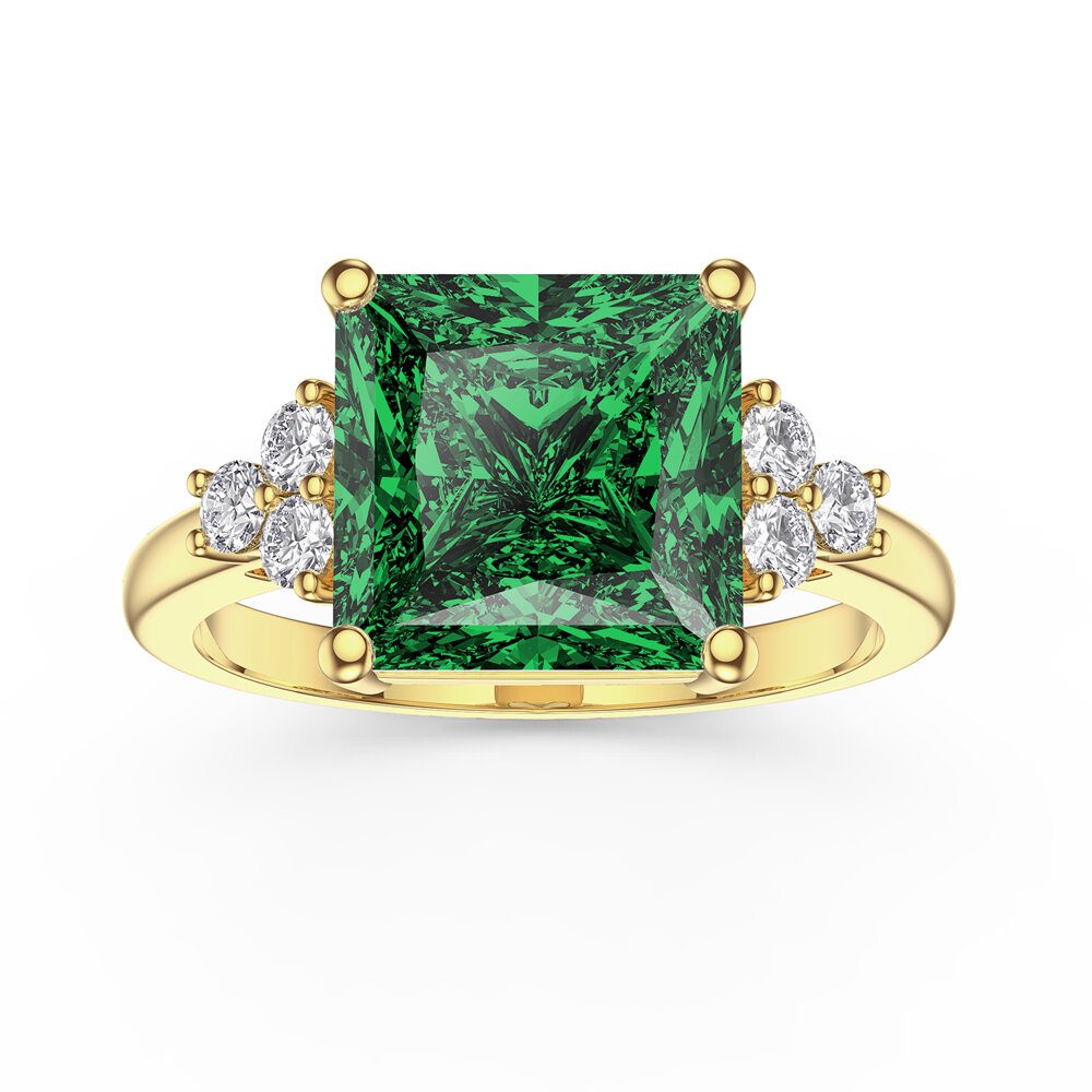 Radiant 4ct Princess Emerald and Lab Diamond 18ct Yellow Gold Engagement Ring