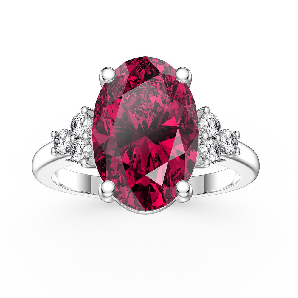 Radiant 3.5ct Oval Ruby and Moissanite Platinum plated Silver Proposal Ring