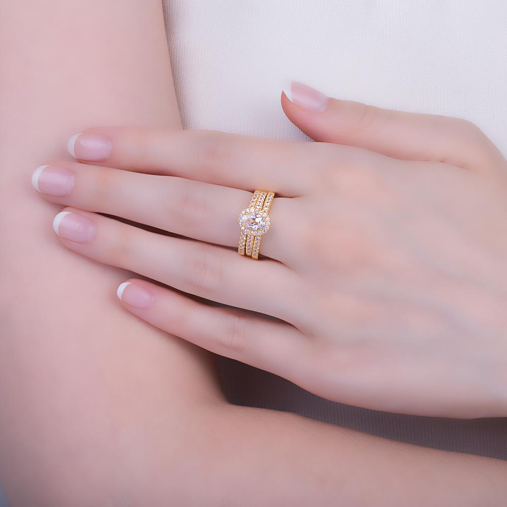 Eternity Oval White Sapphire Halo and Half Eternity Platinum plated Silver Promise Ring Set #4