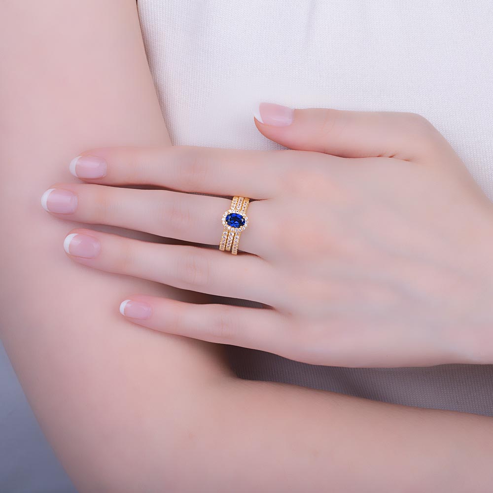 Eternity Sapphire and Diamond Oval Halo 18ct Yellow Gold Engagement Ring #3