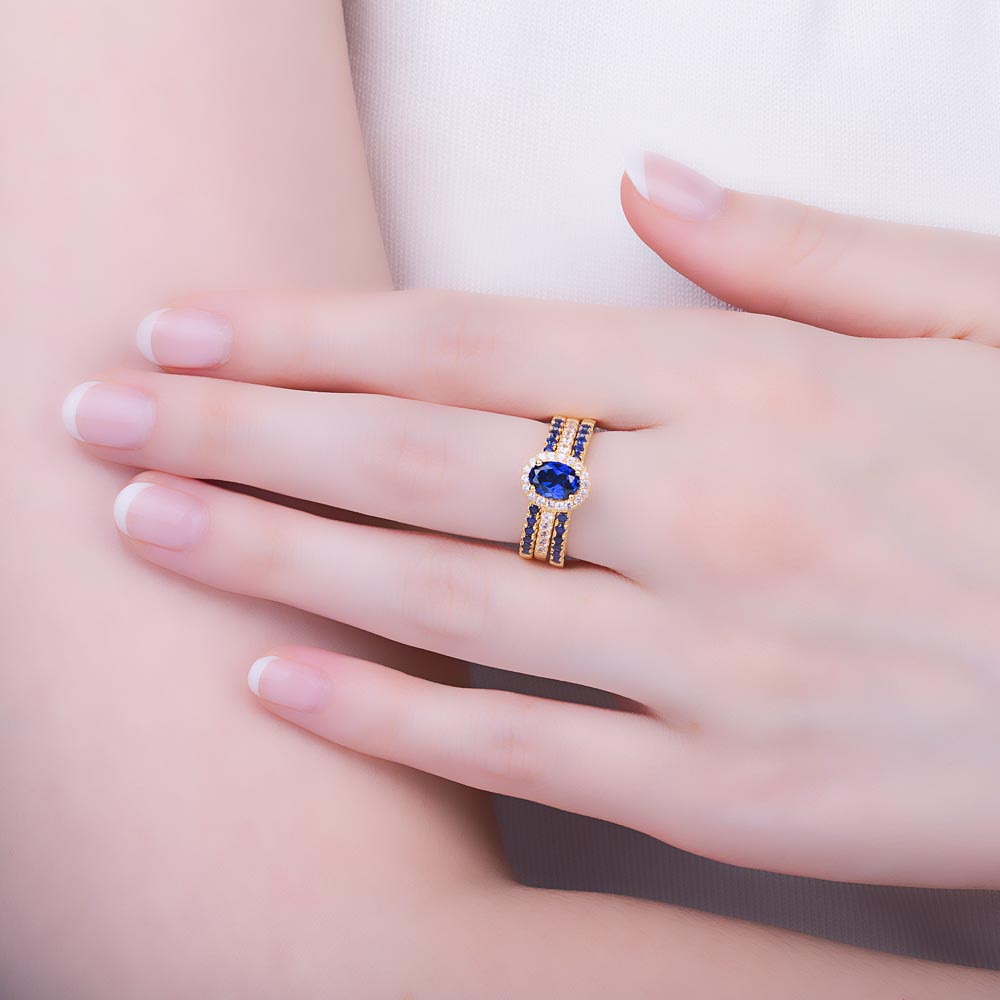 Eternity Sapphire and Diamond Oval Halo 18ct Yellow Gold Engagement Ring #4
