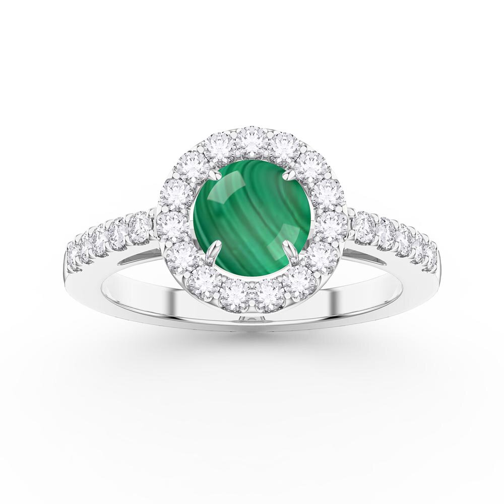 Malachite Moissanite Halo Platinum plated Silver Promise Ring