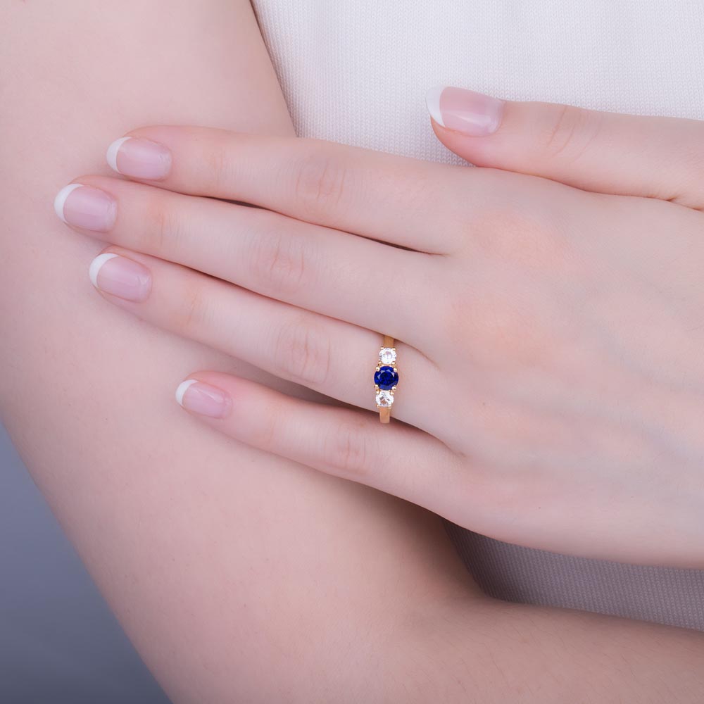 Eternity Three Stone Sapphire and Diamonds 18ct Yellow Gold Engagement Ring #2