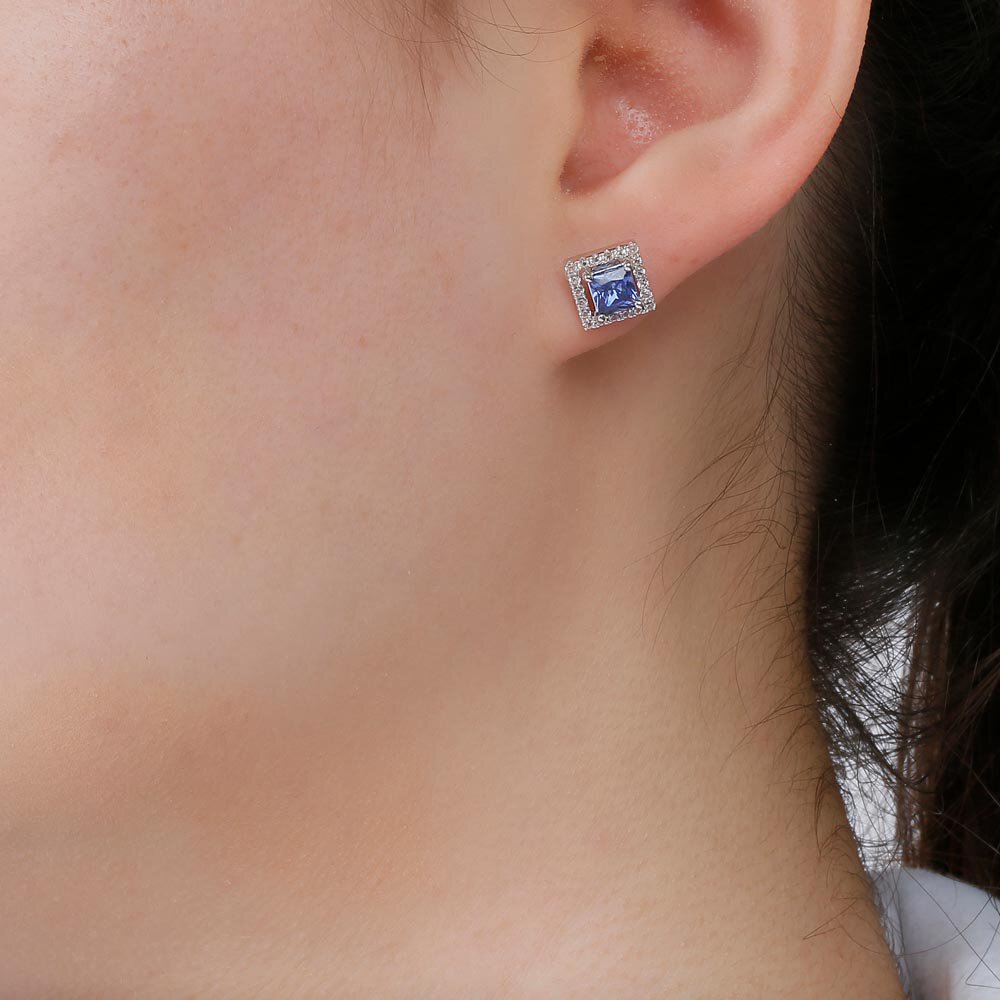 Charisma 1ct Blue Sapphire and Diamonds 18ct White Gold Princess Stud Earrings Halo Jacket Set #4