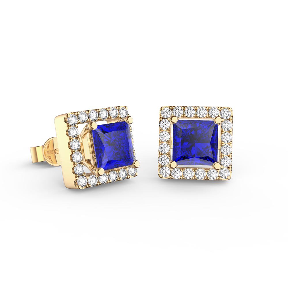 Charisma 1ct Blue Sapphire and Diamonds 18ct Yellow Gold Princess Stud Earrings Halo Jacket Set #2