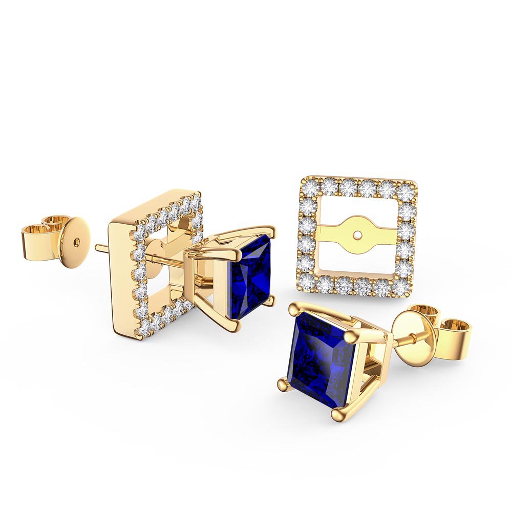 Charisma 1ct Blue Sapphire and Diamonds 18ct Yellow Gold Princess Stud Earrings Halo Jacket Set