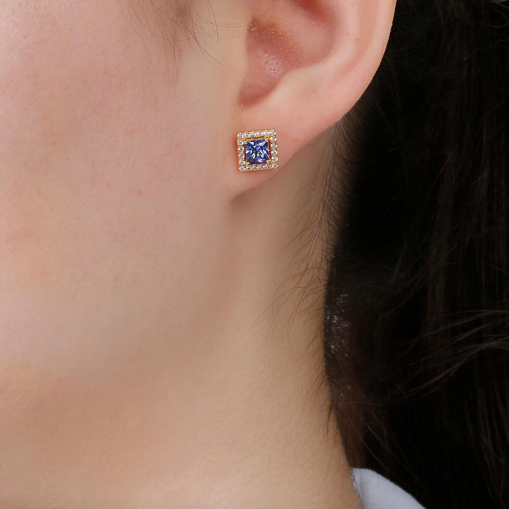 Charisma Princess Blue and White Sapphire 18ct Gold Vermeil Stud Earrings Halo Jacket Set #5