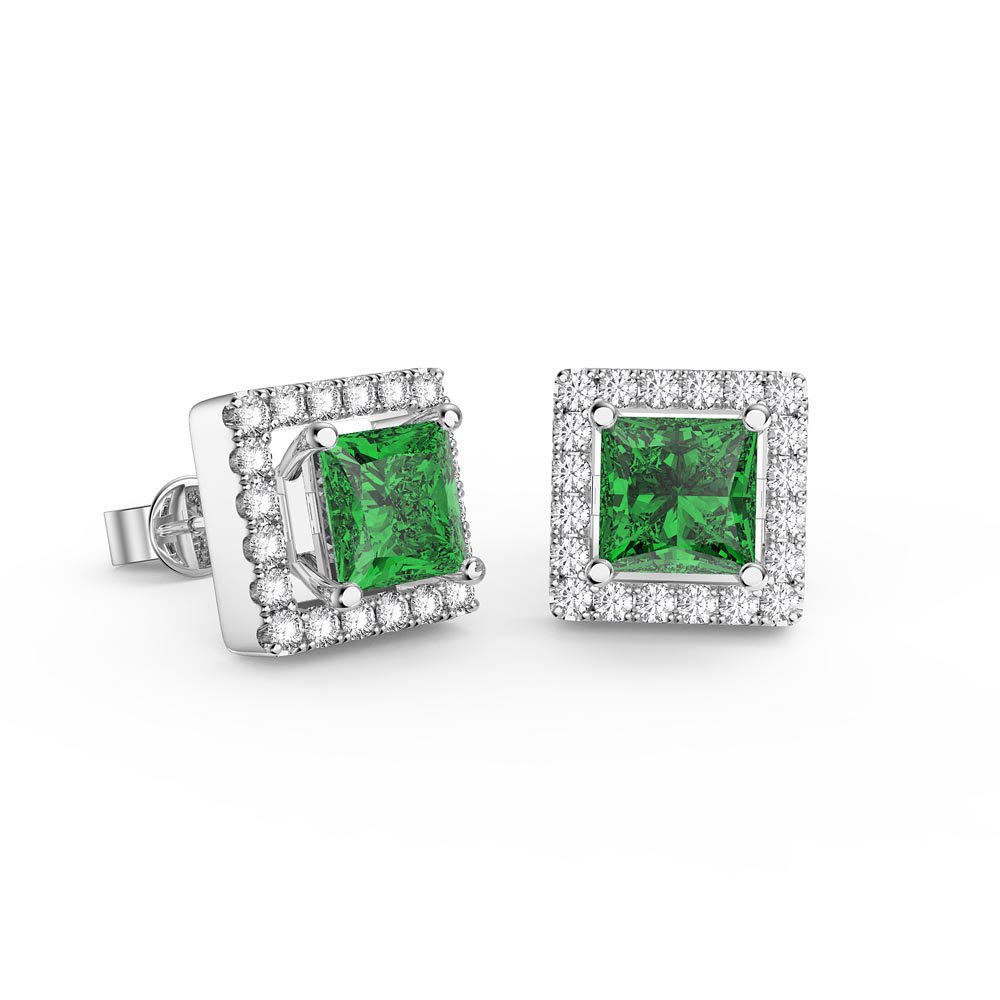 Charisma Princess Emerald and Diamond 18ct White Gold Stud Earrings Halo Jacket Set #2