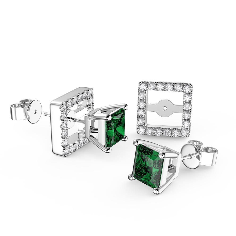 Charisma Princess Emerald and Diamond 18ct White Gold Stud Earrings Halo Jacket Set