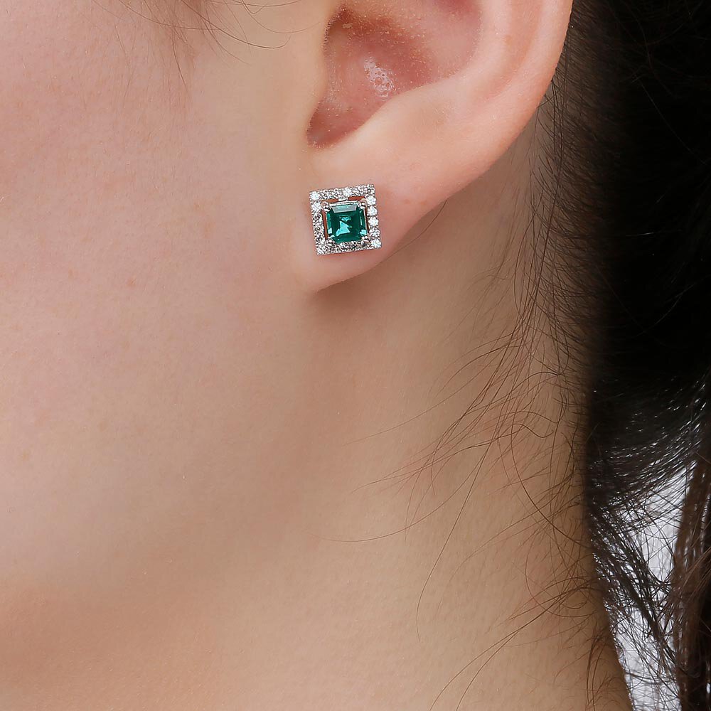 Charisma Princess Emerald and White Sapphire Platinum Plated Silver Stud Earrings Halo Jacket Set #5