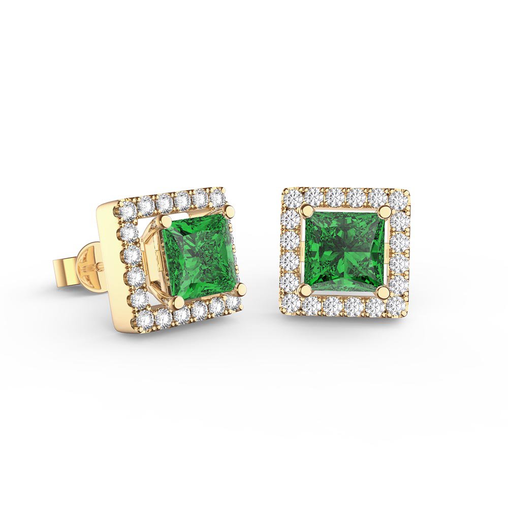 Charisma Princess Emerald and Diamond 18ct Yellow Gold Stud Earrings Halo Jacket Set #2