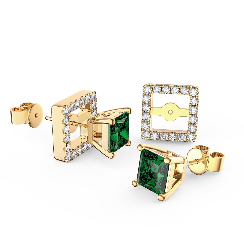 Charisma Princess Emerald and Diamond 18ct Yellow Gold Stud Earrings Halo Jacket Set