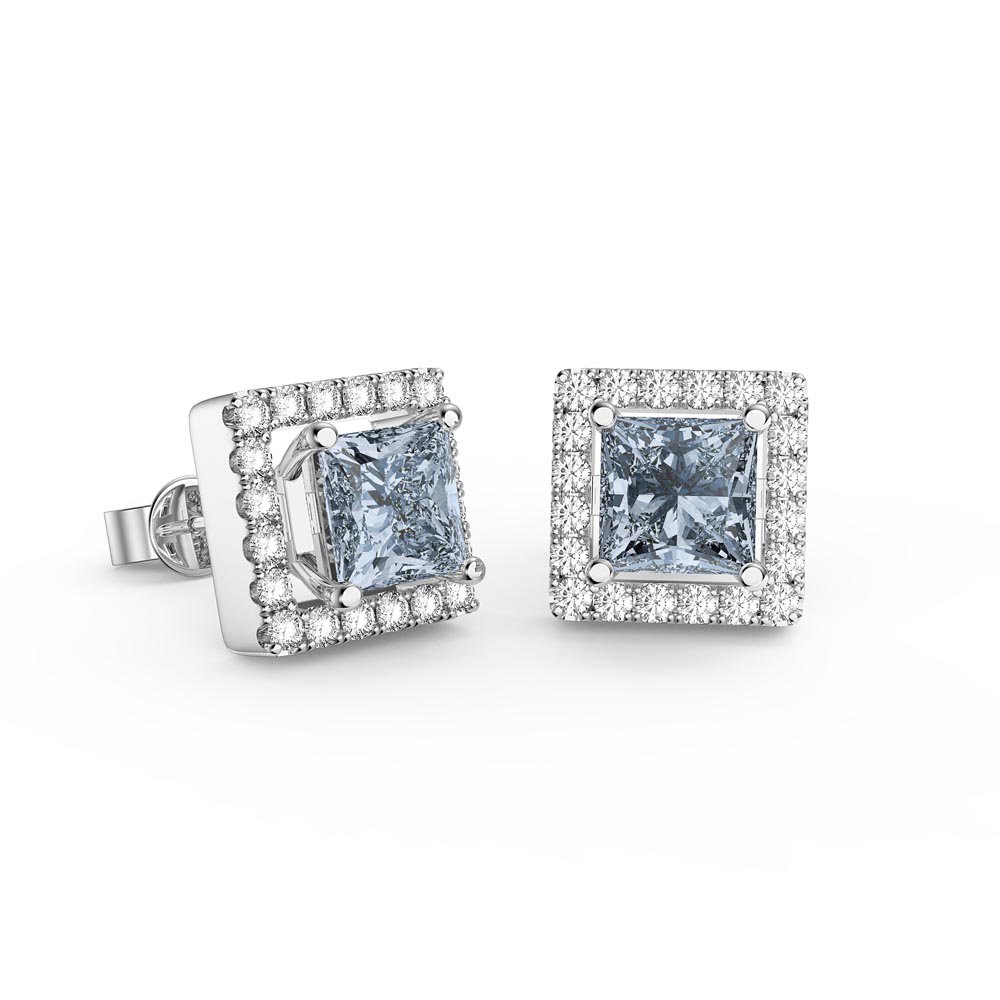 Charisma Princess Aquamarine and White Sapphire 9ct White Gold Stud Earrings Halo Jacket Set #2