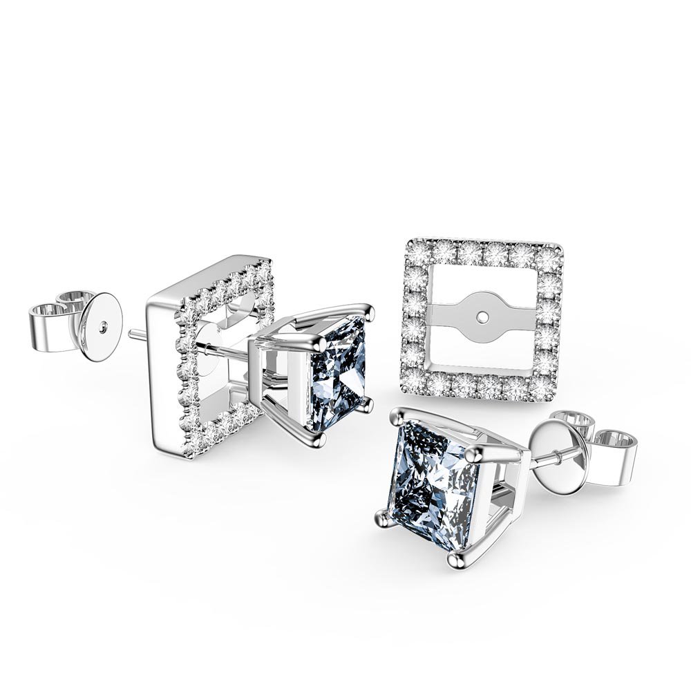 Charisma Princess Aquamarine and White Sapphire 9ct White Gold Stud Earrings Halo Jacket Set