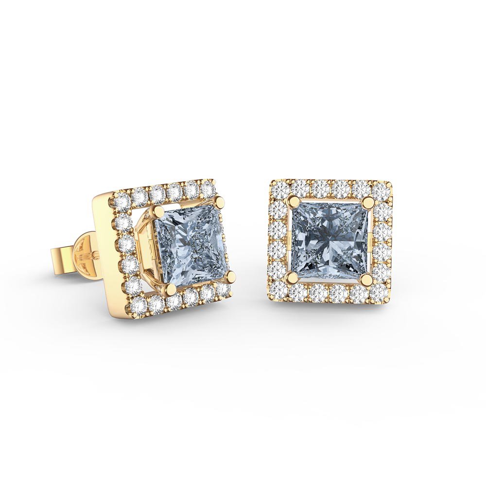 Charisma Princess Aquamarine and Diamond 18ct Yellow Gold Stud Earrings Halo Jacket Set #2